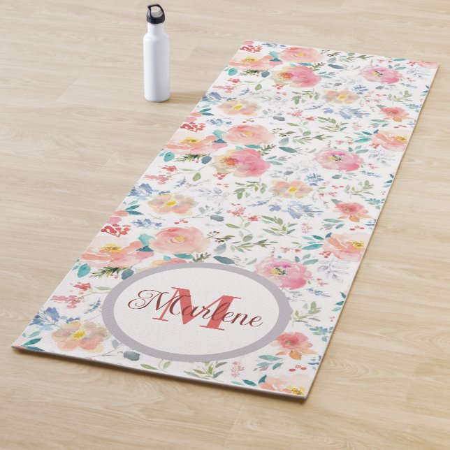 Modernes lila Blumenmuster Aquarell Monogramm Yogamatte (Beispiel)