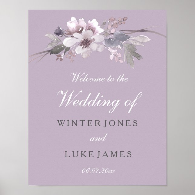Modernes Lila Blumenwasser-Hochzeitsposter Poster (Vorne)