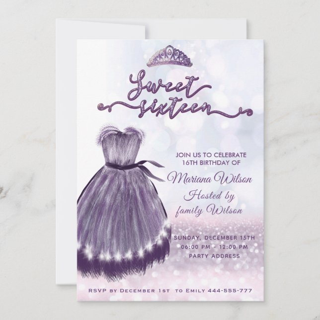 Modernes, lila Bokeh Kleid tiara Sweet 16 Einladung (Vorderseite)