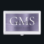 Modernes, Lila, gegossenes Metall 3 Monogramm-Scri Visitenkarten Dose<br><div class="desc">Modernes elegantes Lila Violet-Pinselmetall Monogram-Script-Business-Card</div>