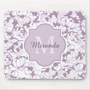 Modernes lila Girly mit Blumenmonogramm mit Namen Mousepad