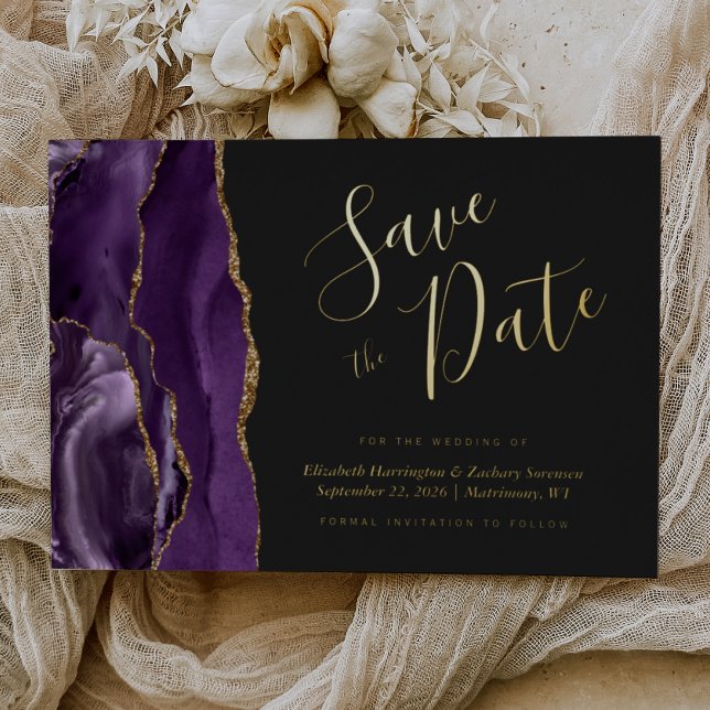 Modernes Lila Gold Agate Dark Save the Date Folieneinladung (Von Creator hochgeladen)