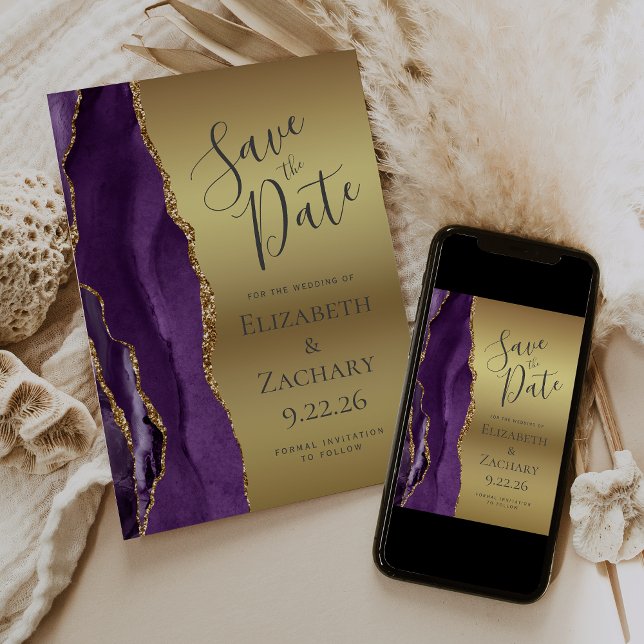 Modernes Lila Gold Agate Glam Save the Date (Von Creator hochgeladen)