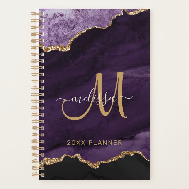 Modernes Lila Gold Glitzer Agate Monogram 2024 Planer (Vorderseite)