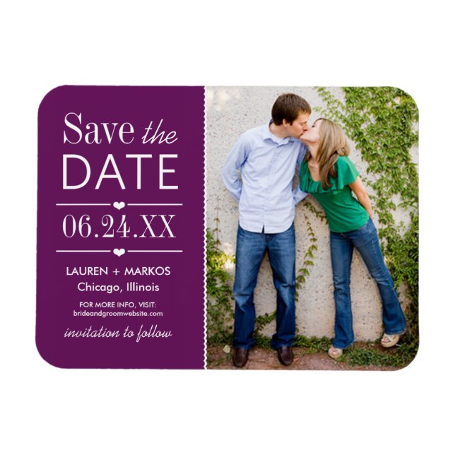 Modernes Lila Hearts Wedding Foto Save the Date Magnet (Horizontal)