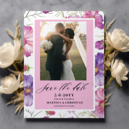 Modernes Lila Pink Blossom Script Foto Hochzeit Save The Date