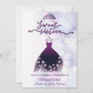 Modernes, lila Schmetterlingskleid Tiara Sweet 16 Einladung