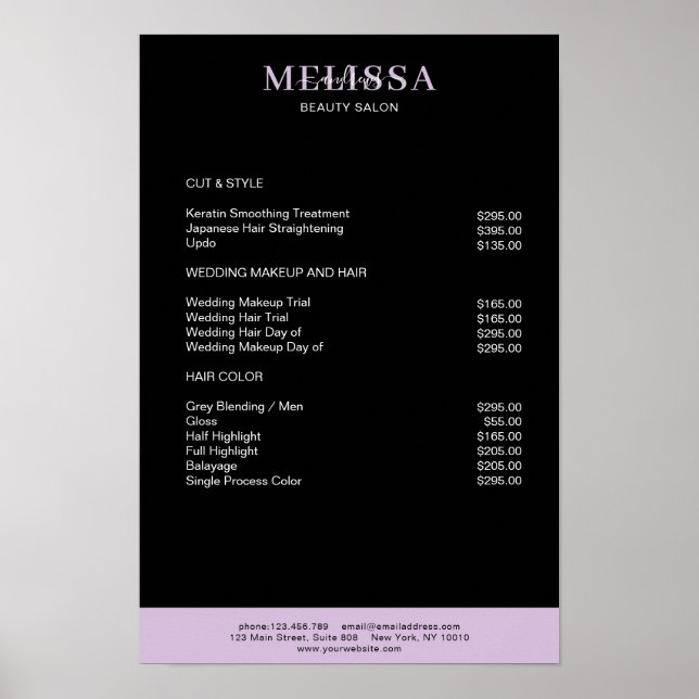 Modernes Lila Schwarzes Preislisten-Poster Poster (Vorne)