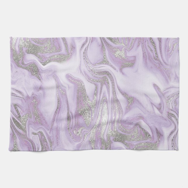 Modernes Lila und silberfarbenes Marmormuster Geschirrtuch (Horizontal)