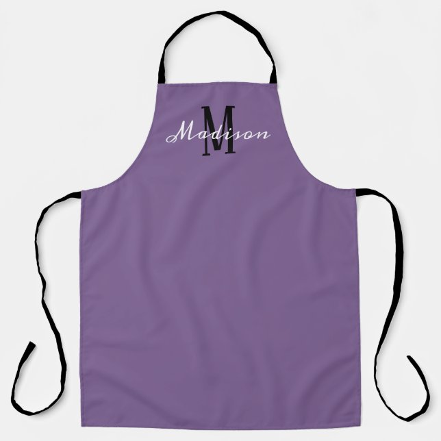 Modernes Lila White Script Monogram Personalisiert Schürze (Vorderseite)