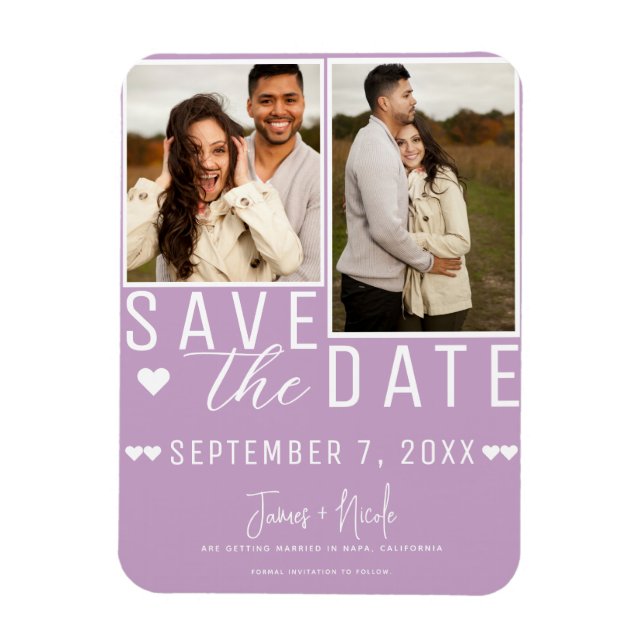 Modernes Lilac Lila Save the Date 2 Foto Hochzeit Magnet (Vertikal)