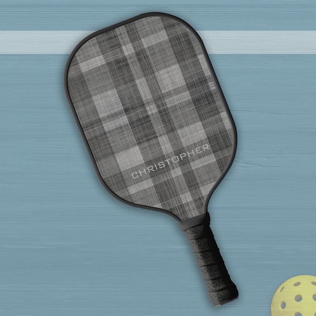 Modernes Linen Kariertes Muster mit Name - schwarz Pickleball Schläger (Von Creator hochgeladen)