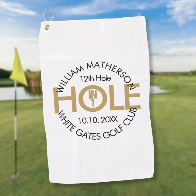 Modernes Loch in einem Schwarz und Gold Golfhandtuch (Modern Hole in One Black And Gold Golf Towel)