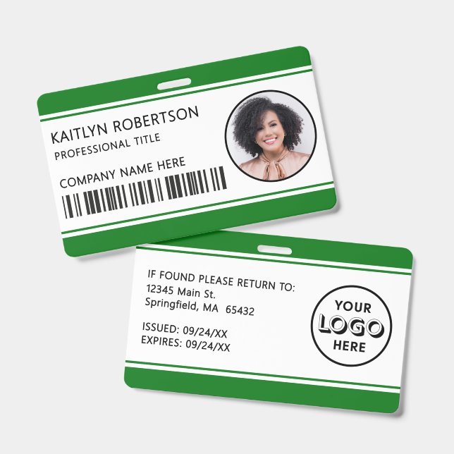 Modernes Logo-Barcode grüne Mitarbeiter-Foto-ID Ausweis (Vorder- & Rückseite)