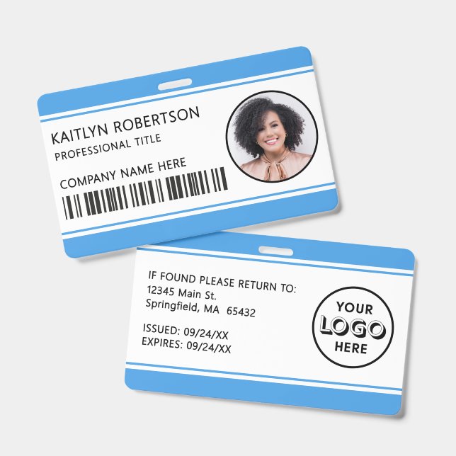 Modernes Logo-Barcode hellblaues Mitarbeiter-Foto- Ausweis (Vorder- & Rückseite)
