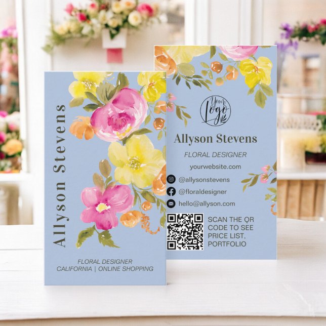 Modernes Logo für die Aquarellfarben, schieferblau Visitenkarte (Modern floral watercolor slate blue logo qr code business card)