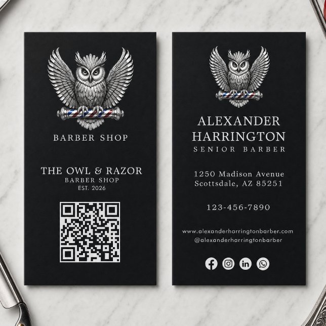 Modernes Logo für Friseursalon Silber Eule QR-Code Visitenkarte (Von Creator hochgeladen)