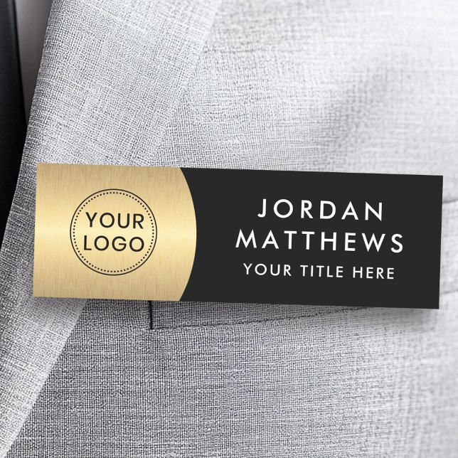 Modernes Logo, Name und Titel goldener Farbverlauf Namensschild (Modern logo, name and title golden gradient black name tag)