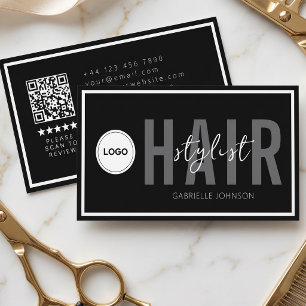 Modernes Logo QR Bewertungs Schwarz Weiß Friseur  Visitenkarte