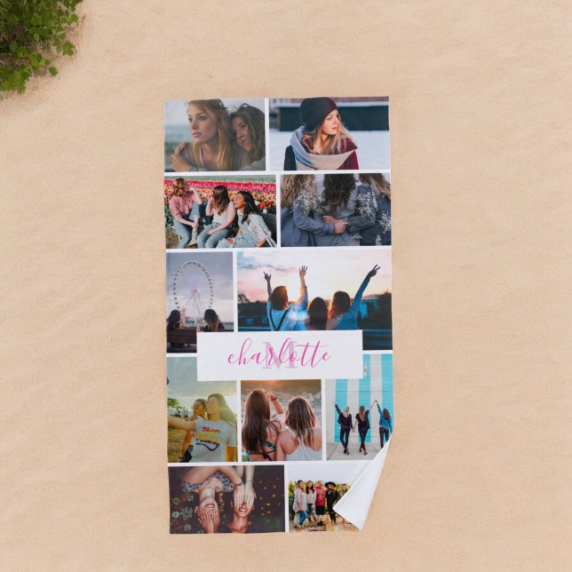 Modernes, lustiges cooles 11-Foto Collage Grid ihr Strandtuch (Modern fun cool 11 photo collage grid her monogram beach towel)