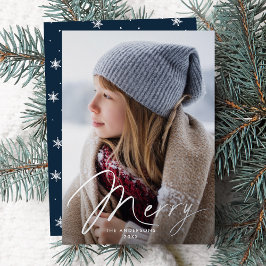 Modernes, lustiges Script-Navy-Foto Folien Feiertagskarte
