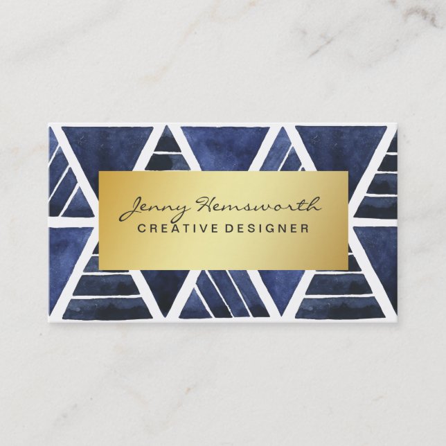 Modernes Luxe Goldgeometrisches Aquarell-Blau Visitenkarte (Vorderseite)