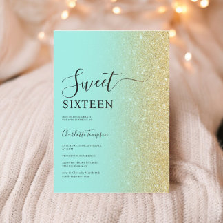 Modernes Luxus Gold Glitzer Mint Sweet 16 Einladung