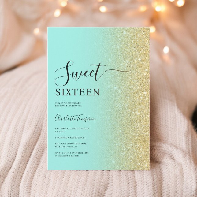 Modernes Luxus Gold Glitzer Mint Sweet 16 Einladung (Modern Luxurious Gold Glitter Mint Sweet 16 Invitation)