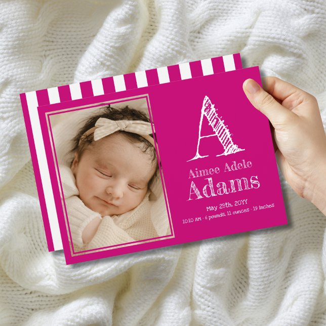 Modernes Magenta Monogram Birth Stats Foto Ankündigung (Von Creator hochgeladen)