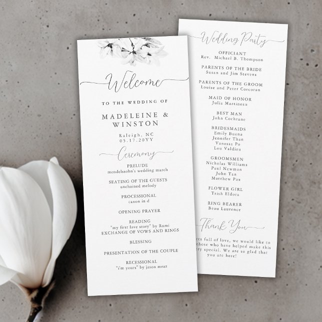 Modernes Magnolia-Schwarz-weißes Hochzeitsprogramm (modern classic magnolia wedding ceremony program black white calligraphy simple elegant classy)