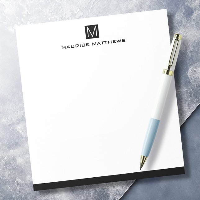 Modernes männliches Monogramm Name schwarzes Quadr Notizblock (Modern masculine monogram name black square notepad)