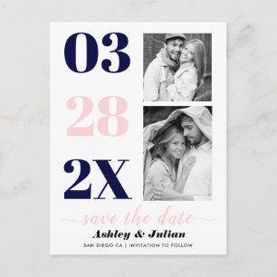 Modernes Marineblau, rosa zwei Foto Save the Date Postkarte