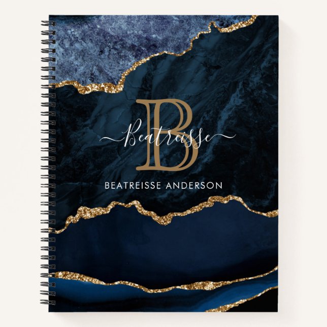 Modernes Marmornavy Blue Gold Glitzer Monogram Notizbuch (Vorderseite)