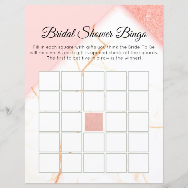 Modernes Marmorrosa und Gold Bridal Bingo (Vorderseite)