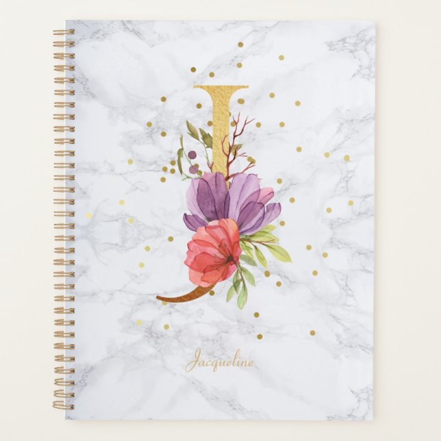 Modernes Marmorwasser Golden Monogram Letter J Planer (Vorderseite)