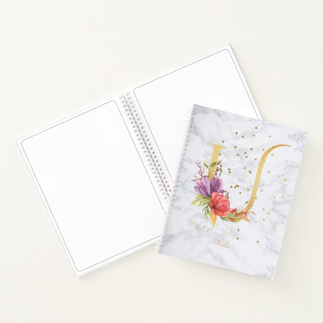 Modernes Marmorwasser Golden Monogram Letter U Notizbuch (Innenseite)