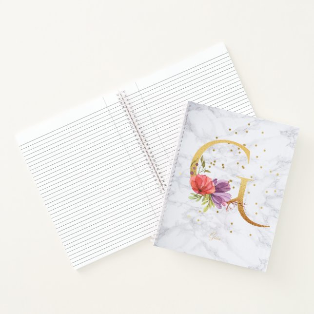 Modernes Marmorwasser Goldenes Monogramm Buchstabe Notizbuch (Innenseite)