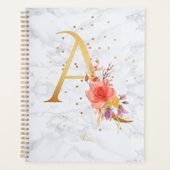 Modernes Marmorwasser Goldenes Monogramm Letter A Planer (Vorderseite)