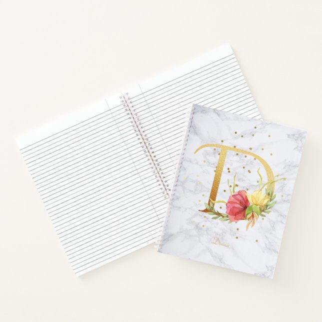 Modernes Marmorwasser goldenes Monogramm Letter D Notizbuch (Innenseite)