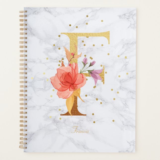 Modernes Marmorwasser goldenes Monogramm Letter F Planer (Vorderseite)