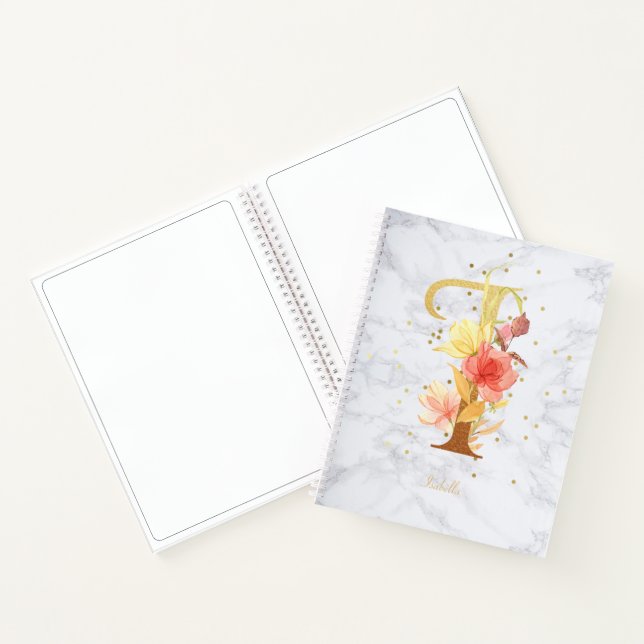 Modernes Marmorwasser goldenes Monogramm Letter I Notizbuch (Innenseite)