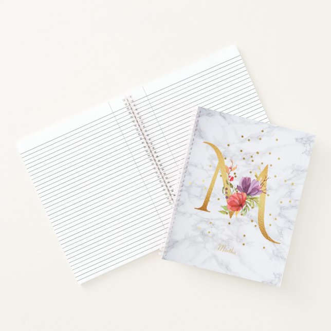 Modernes Marmorwasser goldenes Monogramm Letter M Notizbuch (Innenseite)
