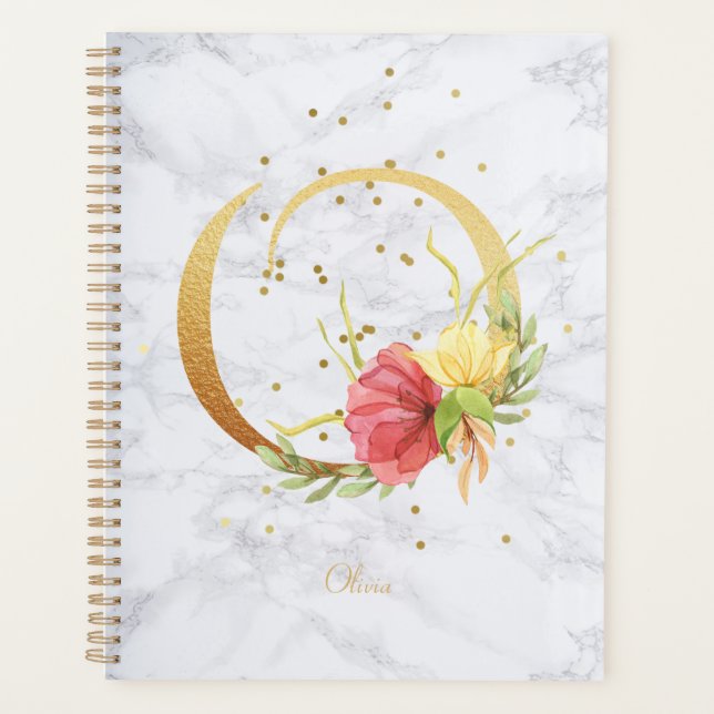 Modernes Marmorwasser Goldenes Monogramm Letter O Planer (Vorderseite)