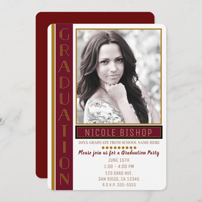 Modernes Maroon Gold Graduate Party Graduate Foto Einladung (Vorne/Hinten)