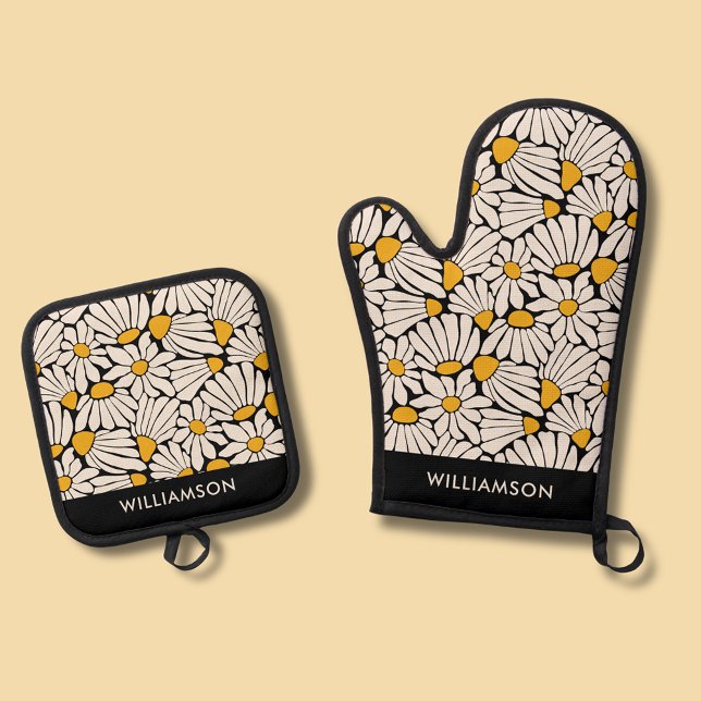Modernes matisse inspiriertes Blumenretro Ofenhandschuh & Topflappen-Set (Retro floral daisy dream personalized oven glove mitt and pot holder.)