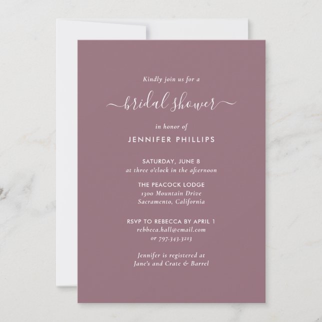 Modernes Mauve Minimalistisches Script-Brautparty Einladung (Vorderseite)