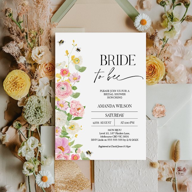Modernes mehrfarbiges Brautparty Einladung (Bride To Be Bridal Shower Invitation Template Floral Bee Bridal Shower Invitation Card, Spring )