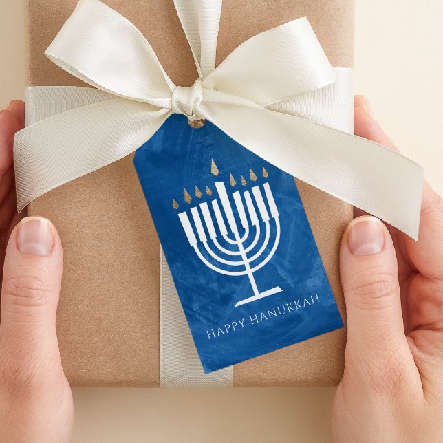 Modernes Menorah Blue Hanukkah-Geschenk-Tag Geschenkanhänger (blue watercolor style modern happy Hanukkah gift tag)