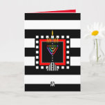 Modernes Menorah Shabbat Shalom Karte<br><div class="desc">Diese Karte mit ihrem unverwechselbaren Stil besticht durch eine moderne,  farbenfrohe Menorah über fett schwarz-weiße Streifen. Innenausweis grenzt an und koordiniert für Ihr Schreibgenuss und sagt "Shabbat Shalom". ~ Karyn</div>