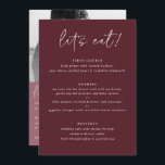 Modernes Merlot-Hochzeitmenü mit Foto Back Menükarte<br><div class="desc">Merlot / Burgund / Wine Wedding Menu: Dieses moderne Hochzeitsmenü verfügt über handgeschriebenen Text auf einem Merlot Hintergrund auf der Vorderseite mit dem Foto des Paares und danke Ihnen Nachricht auf der Rückseite. Es ist das perfekte zweiseitige Hochzeitsmenü,  das sowohl als Menü als auch als Geschenk dient.</div>